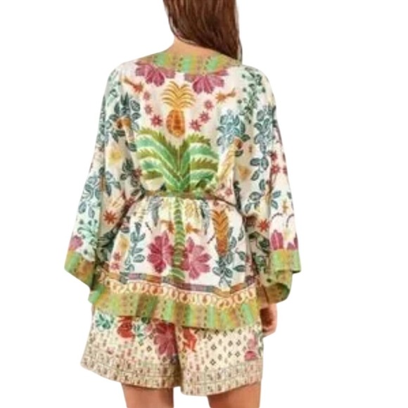 Farm Rio Queen of Fruits Tropical Kimono Jacket SZ‎ Lge Tie Beaded Tassel Fringe - Picture 2 of 16